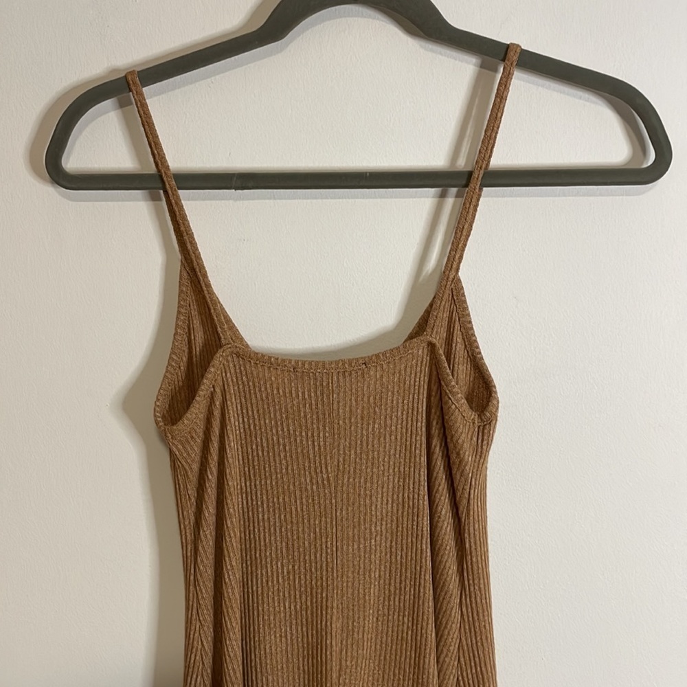 NWT F21 Ribbed Dress Small Camel Tan Tank Mini Lace Jersey Knit Stretch Babydoll - Picture 8 of 14